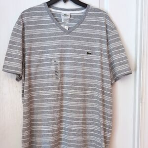Lacoste Mens Light Gray Striped V-neck Shirt. Size 7  XL
